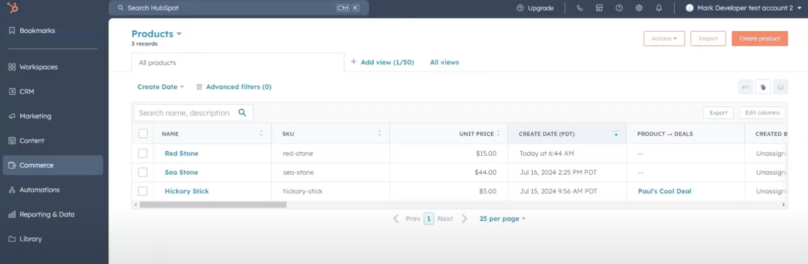 An image of the hubspot dashboard with products populated from FastSpring's Hubspot integration.